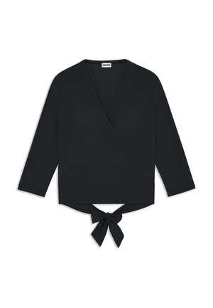 Zwarte wikkelstijl lange mouwen top met V-hals en strikdetail aan de achterzoom, weergegeven op een witte achtergrond.