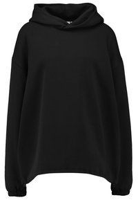 Sudadera negra con capucha de ajuste relajado, confeccionada con tela suave. Presenta hombros caídos y puños elásticos para un ajuste ajustable.