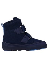 Marineblaue, mittelhohe Stiefel aus Filz und synthetischem Material mit zwei verstellbaren Riemen und einer strukturierten Gummisohle.