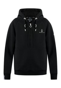 Zwarte hoodie met een half-rits ontwerp, voorzien van een witte ankerlogo, koord met zilveren accenten en een zachte, gestructureerde stof.