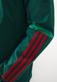 Grøn jakke med et rødt og grønt tre-stribe design langs ærmet, lavet af glat stof med en lynlås lomme.