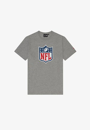Graues T-Shirt mit kurzen Ärmeln aus Baumwolle, das ein großes NFL-Logo-Design in Rot und Blau zeigt, umgeben von Sternen auf der Brust.