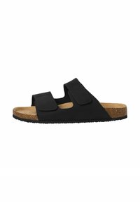 Sorte slidesandaletter med to justerbare stropper, korkfodersål og struktureret gummisål for bedre grip. Minimalistisk design og åben tå stil.