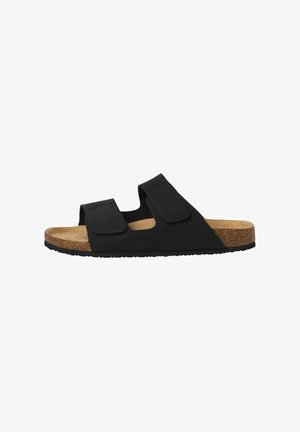 Zwarte slipper sandalen met twee verstelbare banden, kurken voetbed en een gestructureerde rubberen zool voor grip. Minimalistisch ontwerp en open teen stijl.