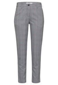 Grå rutiga byxor med skräddarsydd passform, med dragkedja och knappstängning, tillverkade av ett strukturerat tyg med subtila gröna inslag.