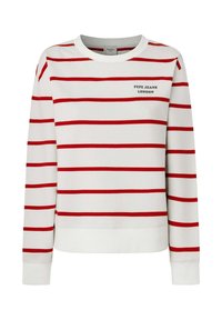 Sudadera blanca con rayas rojas, cuello redondo y mangas largas. Presenta el logo "Pepe Jeans London" en el frente. Material de algodón suave.