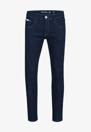 Sötétkék, karcsúsított farmer, elöl gombos, övhurkokkal és öt zsebes kialakítással, méret 32/32, "INDICODE JEANS" felirattal.