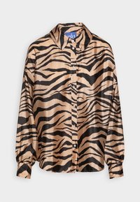 Button-up shirt featuring a glossy, beige fabric with black tiger stripes; includes long sleeves and a pointed collar with button closure.