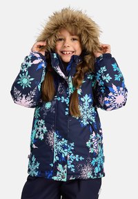 Mörkblå vinterjacka med färgglada blommönster, hood med fuskpäls, dragkedjestängning och elastiska ärmslut. Lättviktig, isolerad tyg.