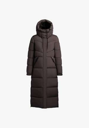 Pikk, tumepruun puhvjakate kõrge kraega ja kapuutsiga. Omab lukuga küljetaskuid ja tikkimisega, polsterdatud osi sooja hoidmiseks.