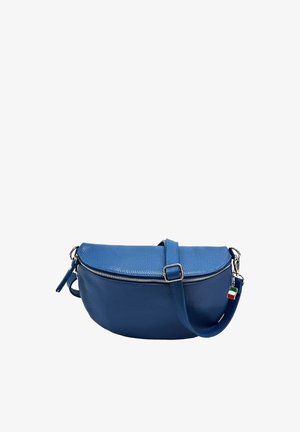 Blue leather crossbody bag with a rounded shape, zip closure, a detachable strap, and a small Italian flag accent. Textured surface.