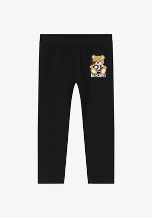 Leggings neri con elastico in vita, caratterizzati da una piccola grafica di un orsetto e la scritta "MOSCHINO" sulla parte superiore della coscia sinistra.