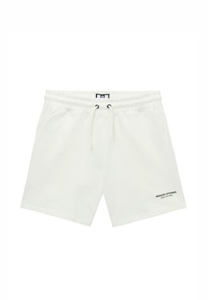 Weiße Shorts mit elastischem Bund und Kordelzug, Seitentaschen und dem Text "WEEKEND OFFENDER ADMIT NOTHING" am unteren rechten Bein.