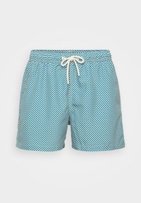 Light blue swim shorts with white diagonal stripes, elastic waistband, and adjustable drawstring. Soft fabric with a relaxed fit.