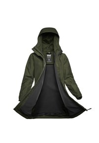 Groene waterdichte jas met capuchon, met een ritssluiting en een grijze binnenvoering. Slank ontwerp, lange mouwen en verstelbare zoom.