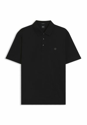 Zwarte polo met korte mouwen, gemaakt van een gladde stof, met een klassieke kraag, een drie-knopen sluiting en subtiele geborduurde logo op de borst.