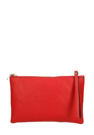 Red leather clutch bag with a textured finish, zip closure, and a wrist strap. Features gold hardware accents and a sleek rectangular shape.