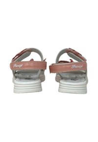 Sandali per bambini con tomaia sintetica rosa e suola in gomma bianca. Le cinghie con chiusura a strappo garantiscono una facile regolazione. Presentano una soletta con motivo floreale.