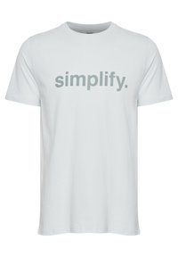 Lys grå bomulds t-shirt med korte ærmer og rund halsudskæring, der har ordet "simplify." i fed, mørkegrå tekst på fronten.