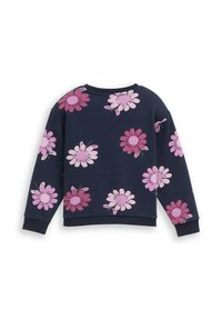 Marineblauwe sweatshirt met roze bloemmotieven. Het ontwerp bevat verschillende bloemvormen in licht en donkerroze tinten, lange mouwen en ribgebreide manchetten.