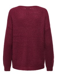 Maglione lavorato a maglia bordeaux con maniche lunghe, motivo strutturato e polsini e orlo a coste, mostrato da dietro.