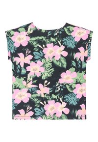 Blusa de manga corta con estampado floral que presenta flores de hibisco rosa y hojas verdes sobre un fondo negro. Tejido suave, corte holgado, escote redondo.