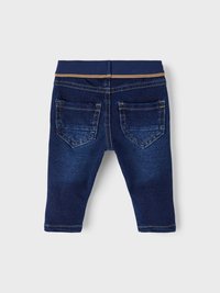 Pantalones de denim de color azul oscuro con una cinturilla elástica, que cuentan con dos bolsillos traseros y detalles de costura clara. Textura suave con una forma ajustada.