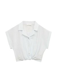 Light blue short-sleeve button-up shirt with a knotted front, featuring a subtle geometric pattern and a classic collar. Smooth fabric texture.