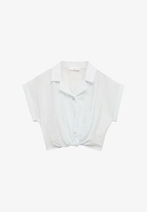Light blue short-sleeve button-up shirt with a knotted front, featuring a subtle geometric pattern and a classic collar. Smooth fabric texture.