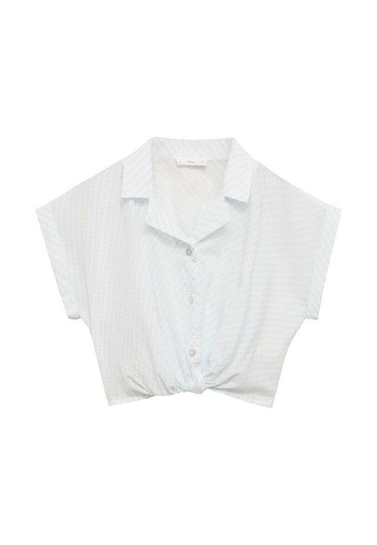 Light blue short-sleeve button-up shirt with a knotted front, featuring a subtle geometric pattern and a classic collar. Smooth fabric texture.