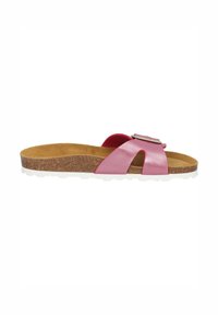 Rosa glidsandal med en glänsande yta, med en spänne som accent, korkfotbädd och strukturerad gummisula för bra grepp.