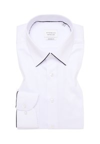 Witte blouse met een klassieke kraag, zwarte afwerking en knopdetails. Het weefsel lijkt glad met een enkele manchette voorzien van twee knopen.