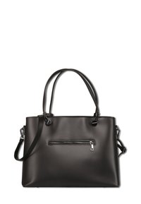 Sac fourre-tout en cuir synthétique noir avec deux poignées supérieures, bandoulière détachable, poche zippée à l'avant et finition lisse.