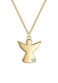 Zelta toņa eņģeļa piekare ar pulētu virsmu, ar izplestām spārniem un vienu caurspīdīgu dārgakmens akcentu. Ķēdes tipa kaklarota.