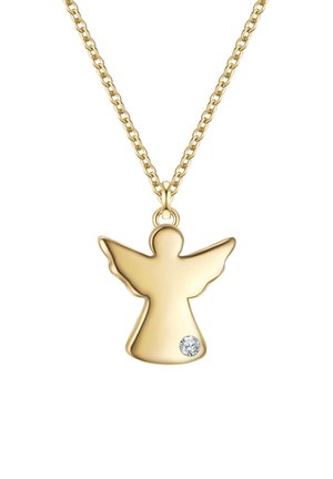 Zelta toņa eņģeļa piekare ar pulētu virsmu, ar izplestām spārniem un vienu caurspīdīgu dārgakmens akcentu. Ķēdes tipa kaklarota.