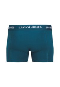 Teal boxer briefs with a white elastic waistband featuring "JACK & JONES" in bold lettering, smooth fabric and fitted design.