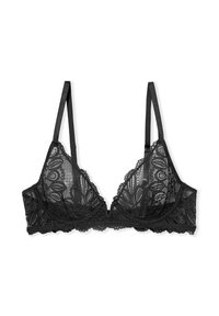 Black lace bra with floral and abstract patterns, adjustable thin shoulder straps, and a V-shaped plunge front neckline.