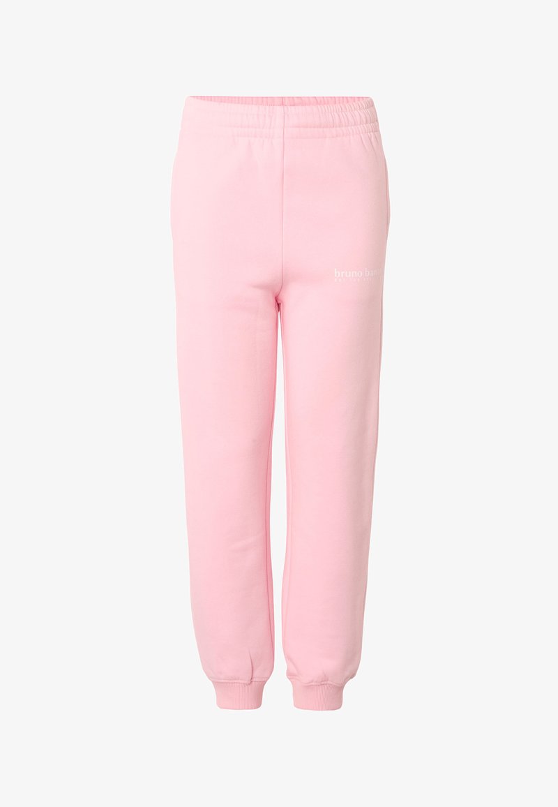 Pantalon de jogging rose clair avec taille et chevilles élastiques, arborant un petit logo blanc "bruno banani" sur la cuisse supérieure.
