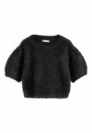 Schwarzer, flauschiger Pullover mit kurzen Ärmeln und rundem Halsausschnitt. Hat eine weiche Textur und einen leicht lockeren Schnitt. Hergestellt aus einem flauschigen Material.