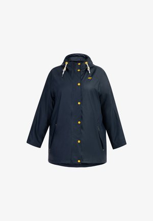 Tumes kerged veekindel jakk kapuutsiga, kollaste nuppudega ja nööpidega. Sisaldab kahte esikotti ja lõdva istuvusega. Sile tekstuur.