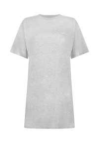 Graues Baumwoll-T-Shirt mit kurzen Ärmeln und lockerer Passform. Verfügt über ein kleines Drucktextdetail auf der linken Brustseite.