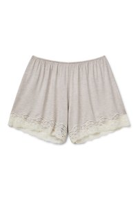 Shorts in tessuto morbido beige chiaro con vita elastica e rifinitura in pizzo scallop lungo l'orlo.