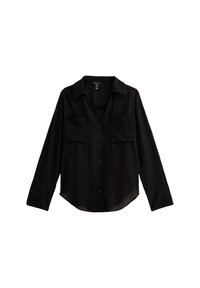 Zwarte button-up shirt gemaakt van zachte stof, met een kraag, twee borstzakken en lange mouwen met knoopmanchetten.