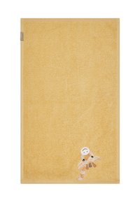 Yellow bath towel with a soft texture, featuring an embroidered giraffe design at the bottom right corner and a stitched edge.