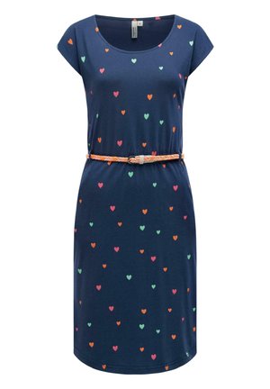 Vestito blu navy fino al ginocchio con maniche corte, motivi di cuori colorati sparsi e cintura arancione intrecciata in vita.