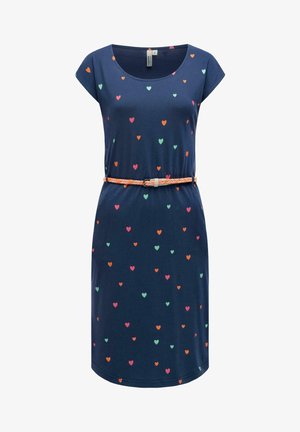 Vestito blu navy fino al ginocchio con maniche corte, motivi di cuori colorati sparsi e cintura arancione intrecciata in vita.