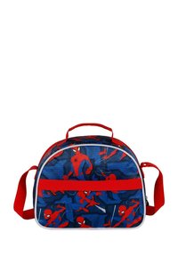Bolsa temática de Spiderman con tela azul cubierta de gráficos en estilo cómic en rojo y azul. Asa roja y correa ajustable. Forma redondeada.