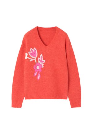 Pulover tricotat, de culoare coral, cu decolteu în V, prezentând broderie florală în roz și alb pe partea stângă. Textură moale și croi lejer.