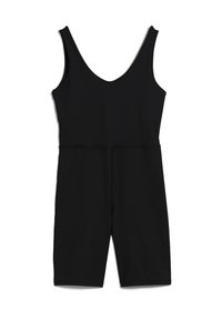 Mono negro con un escote en V profundo, diseño sin mangas y corsé ajustado. Presenta patas cortas y una tela suave y elástica.