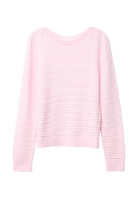 Lichtroze sweatshirt van een gestructureerde stof met een honingraatpatroon, voorzien van een ronde hals en lange mouwen met ribgebreide manchetten.
